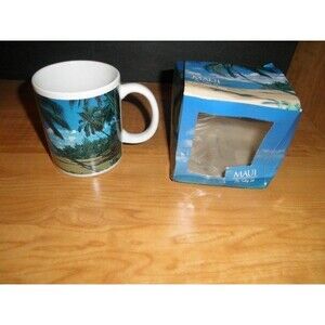 NEW OPEN BOX MAUI THE VALLEY ISLE HAWAII COLORFUL BLUE MUG 10 OUNCES HOT OR COLD